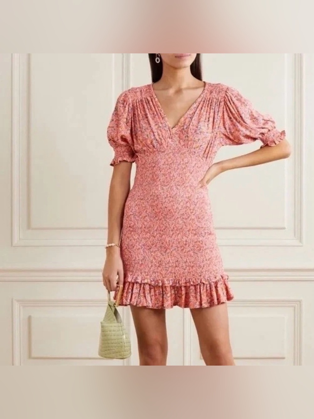 Nwot FAITHFULL THE BRAND Margherita Shirred Crepe Mini pink floral Dress size 2